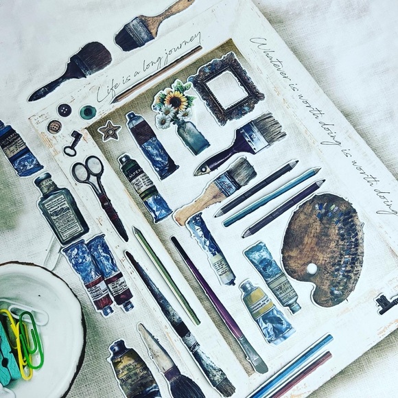 Office Vintage Art Supply Stickers Oil Paint And Brushes Color